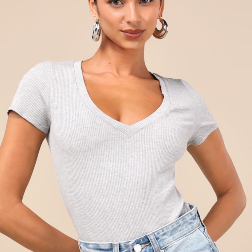 Lulus Versatile Pick Heather Grey Ribbed Knit Short Sleeve Bodysuit - Size S
